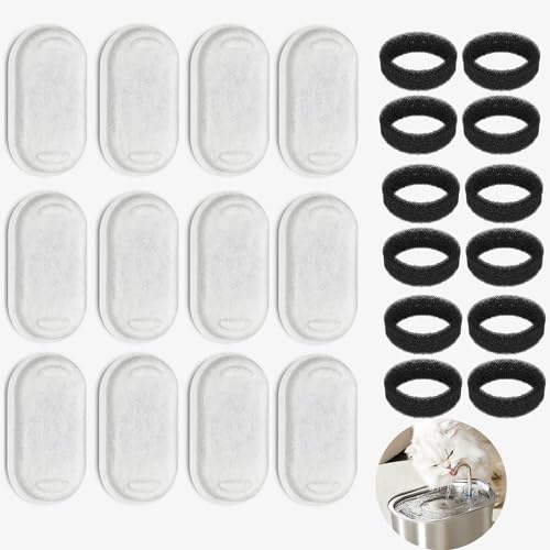 Filtro de fonte para gatos, filtro para bebés gatos fonte, 12 filtros de carbono e 12 esponjas de espuma, para 3,2 l fontes de aço inoxidável