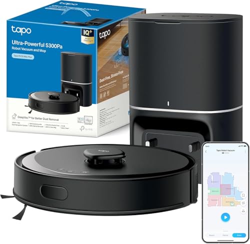 Tapo RV30 MAX Plus Robot aspirador de pó, potência de sucção ultra de 5300 Pa com limpeza, base de esvaziamento automático de 3 l, navegação LiDAR+IMU avançada, controlo por voz e aplicação