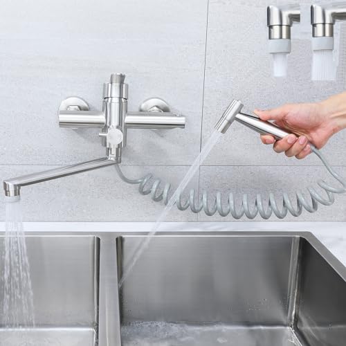 Torneira de cozinha de montagem em parede com pistola pulverizadora, giratória a 360°, tubo giratório de 23 cm, água quente e fria, 4 modos de pulverização, aço inoxidável 304, níquel escovado