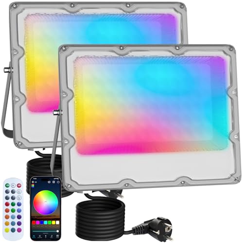 MEEKBOS 2 peças com foco LED RGB para exterior, 50 W, ajustável, refletor LED RGB com Bluetooth APP e controlo remoto 2,4 G, IP66, 16 milhões de cores DIY, 5000 LM, para jardim, festas, Páscoa e
