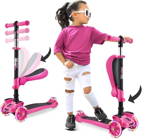 Hurtle Scooter criança 3 rodas, brinquedos crianças 2 anos ou mais, com assento dobrável, altura ajustável, mono 2 em 1, luzes intermitentes.