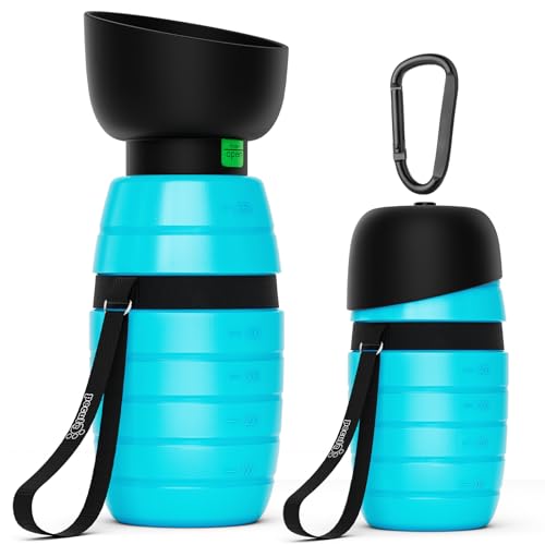 Pecute Garrafa de água para cães (azul 650 ml) com tigela de água dobrável garrafa de água de silicone de grau alimentar para cães gatos, 100% livre de fugas de água