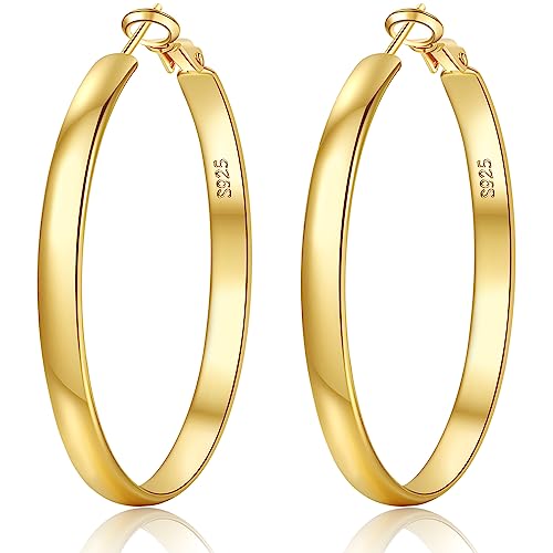 EXGOX Brincos mulher prata 5 mm largura brincos aro mulher hipoalergénicos brincos prata de lei 925 grandes brincos dourados 14 K brincos aros dourados 30/40/50/60/70 mm