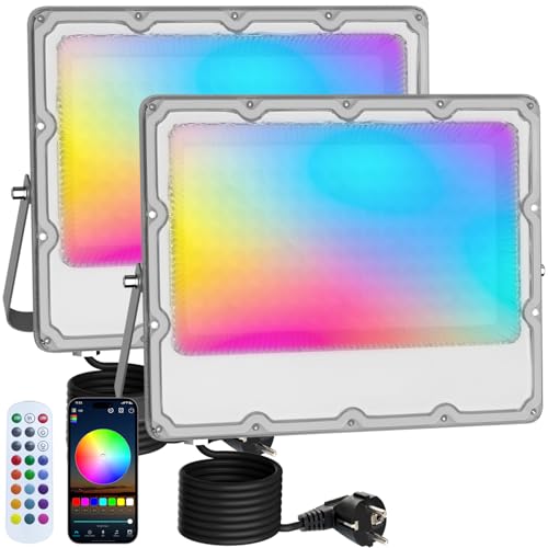 MEEKBOS 2 peças com lâmpada LED RGB para exterior, 100 W, lâmpada LED regulável com APP Bluetooth e controlo remoto 2,4 G, IP66, 16 milhões de cores DIY, para jardim, festas, páscoa, Halloween, 15000