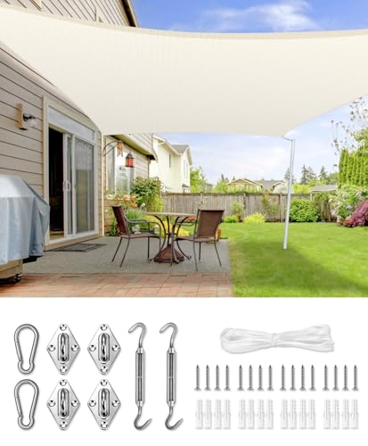 LOVE STORY Toldo vela de sombra, 4 x 5 m, com kit de montagem retangular em creme, toldo de tecido de sombra curvo, respirável e ecológico (HDPE) com proteção de 95% UV, para pátio exterior, alpendre,