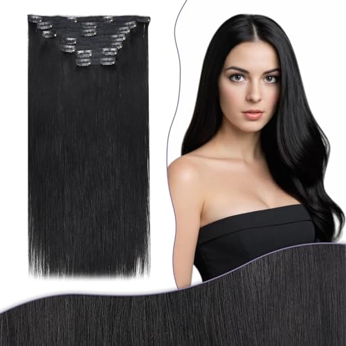 Fshine Extensões com ganchos de cabelo natural, 135G, 45 cm, 7 peças, clipe preto e natural, extensões de cabelo humano liso, clipe in air extensões de cabelo humano 1B