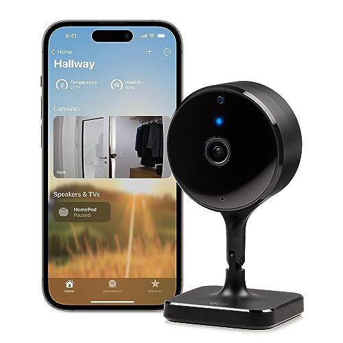 Eve Cam, câmara inteligente para interior, resolução 1080p, Wi-Fi, privacidade total, HomeKit Secure Video, notificações no iPhone, microfone e altifalante, visão noturna, instalação flexível