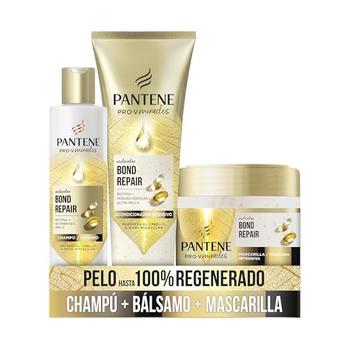 Pantene Molecular Bond Repair com biotina champô 250 ml, fórmula Pro-V máscara intensiva 300 ml e condicionador 150 ml para cabelo danificado e seco
