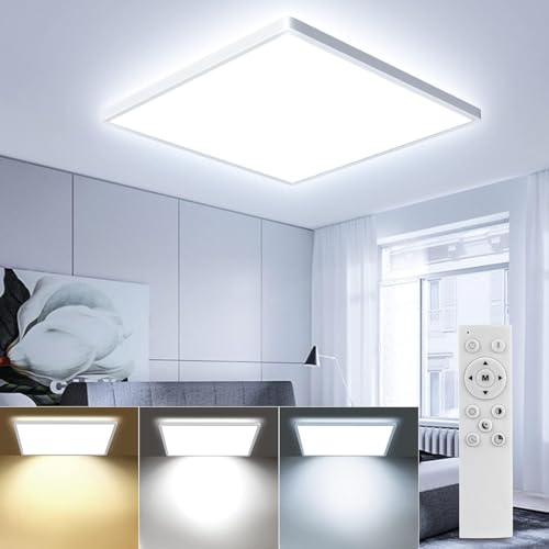 OTREN Plafão LED teto regulável, 3000-6500 K candeeiros de teto com controlo remoto, IP44 luz LED moderna para quarto casa de banho, cozinha, sala de estar, quadrada, 30 cm, branco