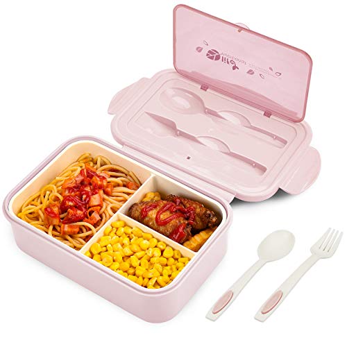 BIBURY Caixa bento à prova de fugas para crianças adultos, recipiente para alimentos com 3 compartimentos e conjunto de talheres, lancheira refeições adequados para micro-ondas e máquina de lavar