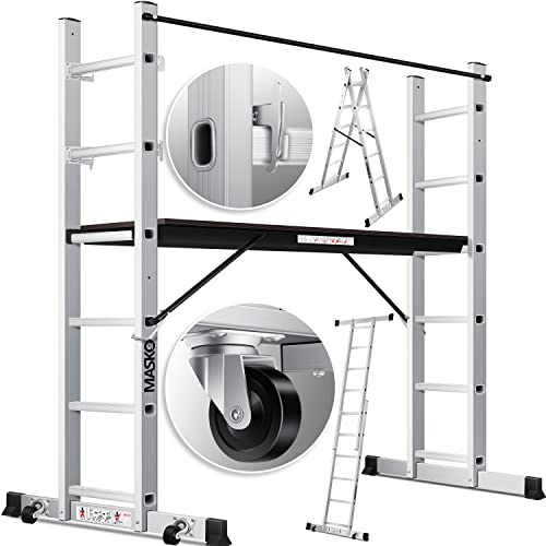 MASKO® Andaime, andaime ✓ alumínio ✓ escada ✓ plataforma de trabalho, capacidade de carga até 150 kg, revestimento antiderrapante, escada de andaime, verificado GS (EN 131), prata