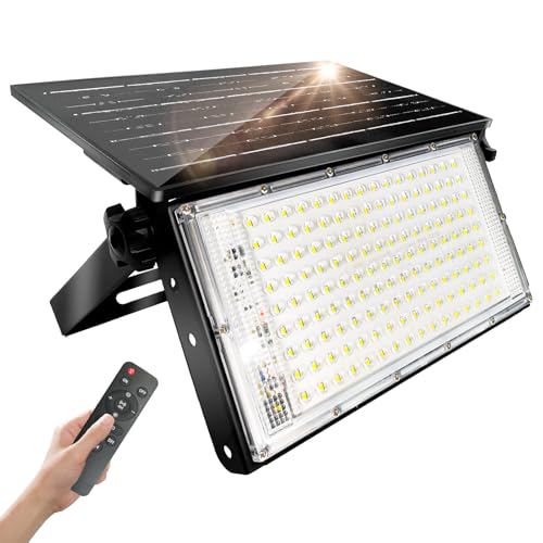 CREATESTAR Foco solar para exterior, 150 W, super brilhante luz solar exterior com controlo remoto, IP65 candeeiros solares impermeáveis para jardim, pátio, garagem