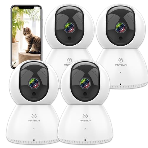ANTELA Câmara de vigilância WiFi interior 1080P, 2,4/5 GHz, 355 °/90° PTZ, áudio bidirecional, visão noturna IR, deteção de movimento, compatível com Alexa/Google Home (4 peças)