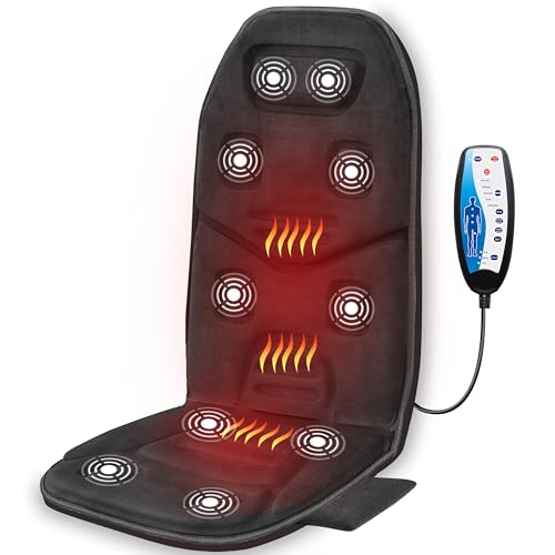 COMFIER Assento de massagem elétrico com 10 motores vibrantes, almofada térmica de 2 terapias com fecho automático, almofada de massagem aquecida para alívio da dor nas costas