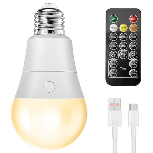 Idealife Lâmpada LED E27, 7 w lâmpadas LED, E27 lâmpada recarregável, lâmpada LED regulável com controlo remoto, 3 temperaturas de cor, lâmpada E27 LED branco quente para quarto em casa