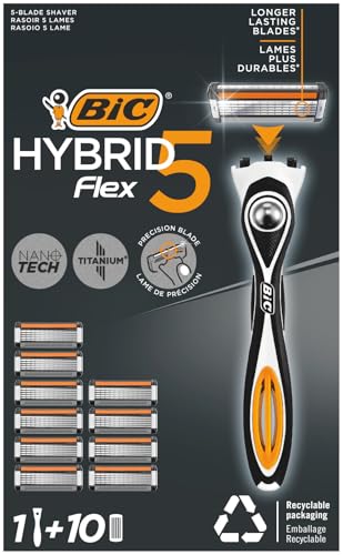 BIC Hybrid 5 Flex Máquina recarregável para homem, 1 pega com contrapeso e peças de reposição de folhas móveis revestidas de titânio com nanotecnologia - embalagem de 1 + 10
