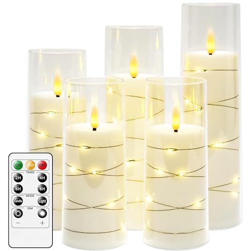 salipt Velas LED com efeito de vidro, vela elétrica, efeito de chama, velas a pilhas sem chama com controlo remoto, temporizador, conjunto de 5 velas LED com vidro acrílico e corrente de luzes, branco
