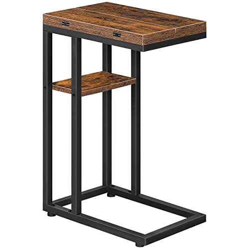 HOOBRO Mesa auxiliar de sofá em forma de C dobrável, mesa pequena de centro de estilo industrial, mesa de café com prateleira de armazenamento, castanho vintage EBF29SF01