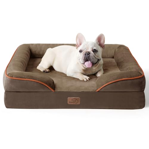 Bedsure Sofá cão ortopédico médio - cama cão viscoelástico e lavável, colchão com capa removível e forro impermeável, castanho, M