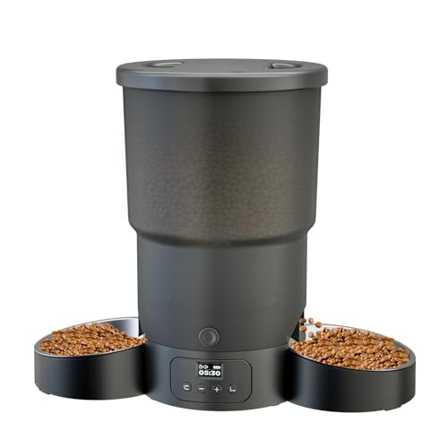 Gimars 5 L Alimentador de gato automático 2 tigelas inoxidável, fácil de configurar, temporizador programável 1 - 6 refeições para o dia dispensador comida gatos e cão em design selado, gravação de