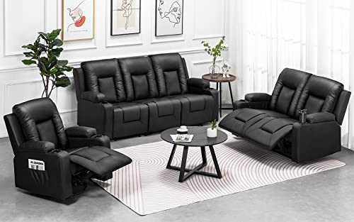 COMHOMA Poltrona Relax reclinável, encosto ajustável, com porta-copos, bolsos laterais, apoios de braços, apoio para os pés, pele sintética, para sala de estar, quarto, cor preta, 3 + 2 1