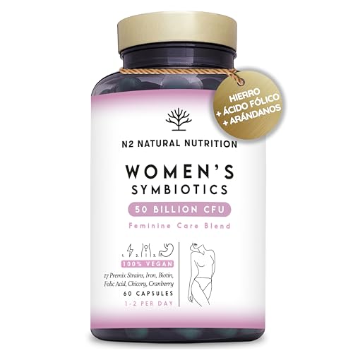 Probióticos mulher integral. 50 mil milhões de UFC e 17 cepas. Saúde intestinal, flora íntima, urinária, imunitária. Ferro, mirtilo, ácido fólico, prébióticos. 60 dias N2 nutrição natural