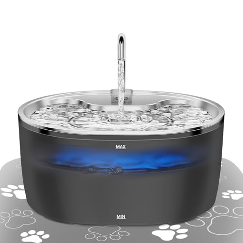 Tyonto Fonte de água gatos aço inoxidável LED, 3,2 L/108,2 Oz dispensador de água ultra silencioso Von alimentação USB carbono ativado, filtragem multiestágios (fonte, Black)