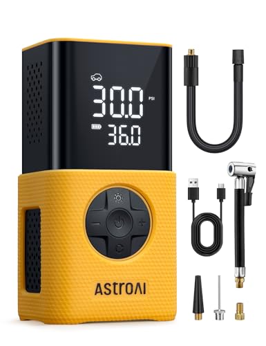 AstroAI Compressor de ar portátil, insuflador de rodas para carro, compressor de ar carro, insuflador rodas carro com bateria recarregável e luz LED para carro, bicicletas, moto e etc. (amarelo)