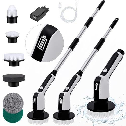 Vrillo Escova elétrica giratória sem fios, escova de limpeza recarregável, impermeável IPX8, cabo ajustável, 6 escovas de limpeza substituíveis para banheira, azulejos, janelas, cozinha, carro