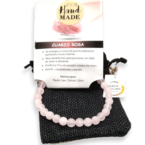 WORLD GOBLINS Pulsera Piedra Natural de Cuarzo Rosa Elástica | 18 cm | 6mm | Cartulina con Propiedades | Hecho a Mano en Córdoba | Ideal para Mujer y Niña | Calidad Premium