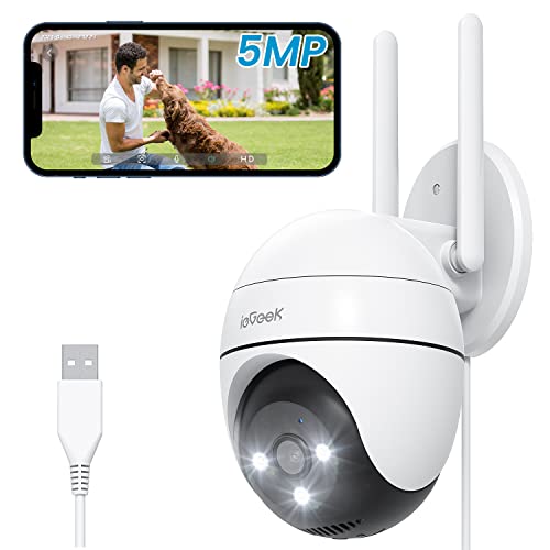 ieGeek 5MP Câmaras de vigilância Wi-Fi exterior com cabo elétrico e detecção humana, rastreamento automático PTZ, visão noturna colorida de 15 m, gravação contínua de 24/7