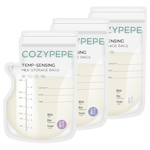 Sacos para leite materno de 200 peças, sacos para congelar leite materno de 250 ml com para derramar, saco de leite materno com mudança de cor por sensibilidade à temperatura, livre de BPA