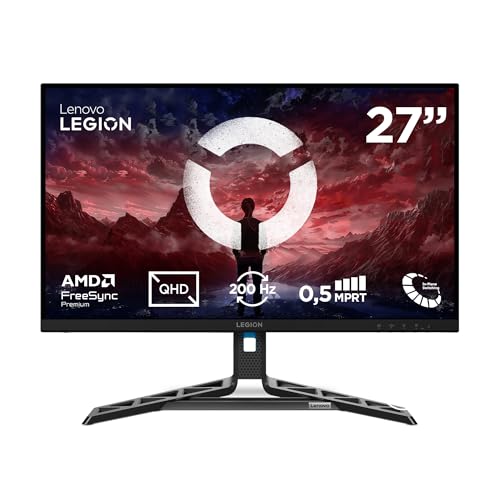 Lenovo Legion R27qe Gen 2 Monitor Gaming QHD de 27" (IPS, 200 Hz, 0,5 ms MPRT, 16:9, HDMI 2.1 + DP de 1,4, AMD FreeSync Premium, VESA Adaptive Sync, ajuste inclinação/ajuste Tura/Pivo Chá/giro