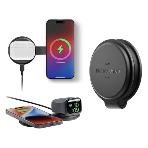 Native Union Voyage Carregador sem fios magnético 2 em 1 para iPhone 16, AirPods, Apple Watch e vários dispositivos, certificado Qi2 e compatível com MagSafe até 15 W (preto)