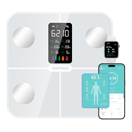 Healthkeep Balança oleosa corporal, balanças digitais inteligentes com função de frequência cardíaca, ecrã VA extra grande, 15 dados corporais (branco)