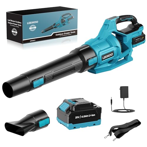 LeeIKOO, soprador de folhas de 21 V bateria com bateria de 4,0 Ah de bateria, 3 configurações de velocidade, 2 tubos de sopro, alça de ombro para soprar folhas, neve, pó e resíduos