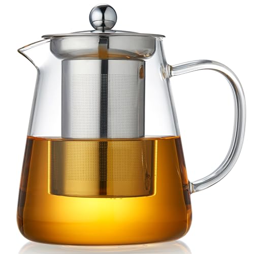 MESNEY Chaleira de vidro com infusor de 550 ml, chaleira de vidro de borosilicato com infusor desmontável de aço inoxidável, chaleira transparente para folhas soltas, chá florescente e sacos de chá