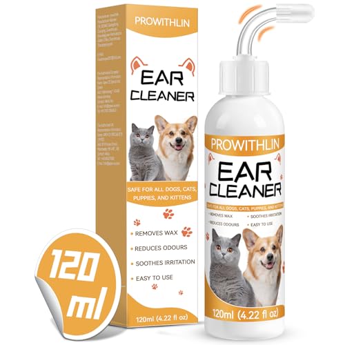 prowithlin Limpador de ouvidos para cães e gatos (120 ml) - elimina resíduos, cera e mau cheiro - limpador de orelhas cães, adequado para todas as raças de gatos e cães