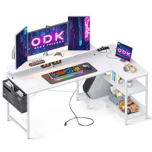 ODK Mesa de jogos em L, 147 x 80 cm, secretária de canto reversível, com porta de carregamento USB e tomada de energia, mesa em L com prateleira e suporte de monitor para casa, escritório, jogos