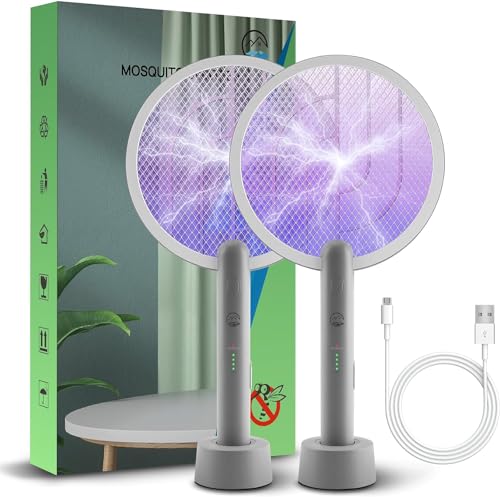 Mosiller Raquete Mata-moscas elétrica 2 em 1 e matainsectos de 4000 V com estação de carregamento, embalagem de dois mata-moscas de insetos de 1800 mAh, lâmpada UV com rede segura para interiores