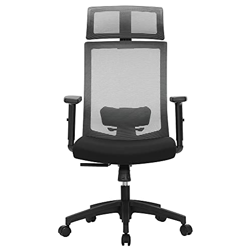 SONGMICS Cadeira de escritório de malha, cadeira de secretária, giratória de 360°, suporte lombar ajustável, apoio de cabeça e apoios de braços, inclinação do encosto até 120°, cinzento OBN55BG