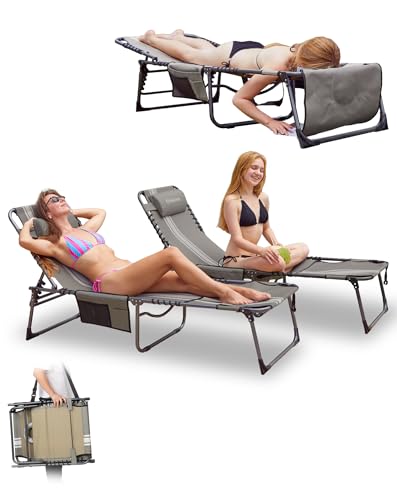 KingCamp 2 Pack espreguiçadeira dobrável com orifício de leitura, encosto ajustável 5 posições, cadeira reclinável de jardim com correia, cama solar portátil para praia, terraço, piscina campismo