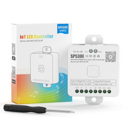 SEZO SP530E Controlador LED WiFi e Bluetooth DC5V ~24V 12 em 1, compatível com Alexa Google Home Smart Voice APP 5CH PWM RGB ou SPI LED Strip WS2812B Control Music Model