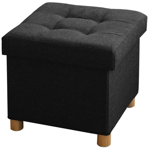 BRIAN & DANY Banqueta dobrável quadrada de armazenamento estofada em esponja com pernas de madeira maciça, 38 x 38 x 38 cm, preto