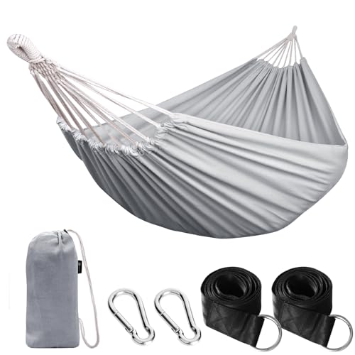 Anyoo Cama de rede de algodão para jardim ao ar livre, cama portátil de lona com cordas, para acampar, capacidade para 200 kg de peso, leve, com bolsa, para jardim, pátio, terraço, praia, viagens de mochila às costas