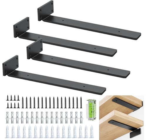 Suporte prateleira de parede de alta resistência, 30 cm/12 polegadas, 5 mm de espessura, pacote de 4 escondidos flutuantes, suportes para prateleiras industriais rústicas com acabamento em ferro