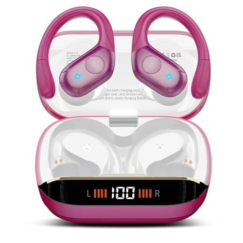 Auriculares sem fios desportivos, auriculares Bluetooth 5.4 HiFi estéreo com microfone HD, 75H capacetes sem fios Bluetooth com cancelamento de ruído ENC, ecrã LED, IP7 impermeável, ouro rosa