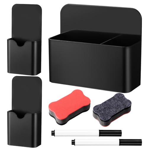 3 Pcs Suporte para lápis magnético, suporte para canetas magnético, organizador magnético para frigorífico casa escritório, com 2 apagador de quadro branco e 2 canetas (2 tamanhos, preto)