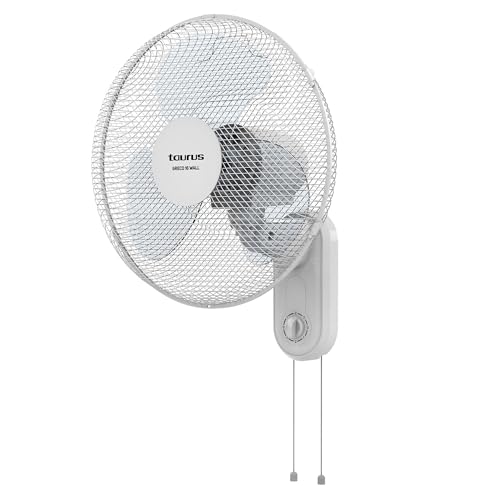 Taurus Greco Wall Ventoinha de parede silenciosa, 3 velocidades, seletor de velocidades giratório, oscilante, interruptor de puxador, grade removível de 45 W, 3 pás