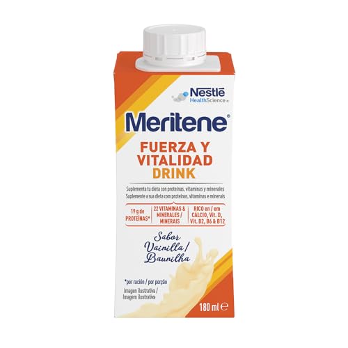 Meritene, Força e vitalidade Drink, sabor de baunilha, pronto a tomar, força para os seus músculos, qualidade para si, batimento com proteínas, vitaminas e minerais, 6 unidades, 180 ml